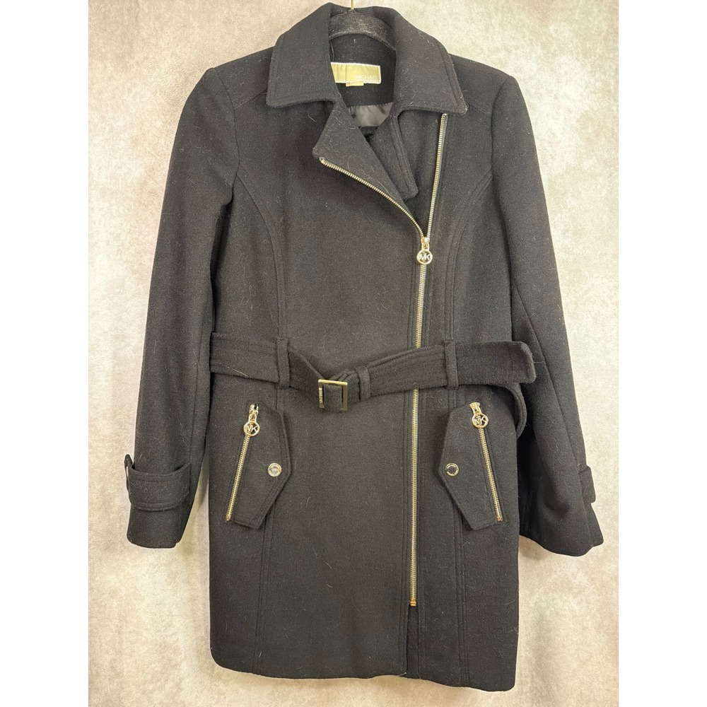 Michael Kors Coat Women PS Black Wool Asymmetrical Zip Belted Gold Hardware